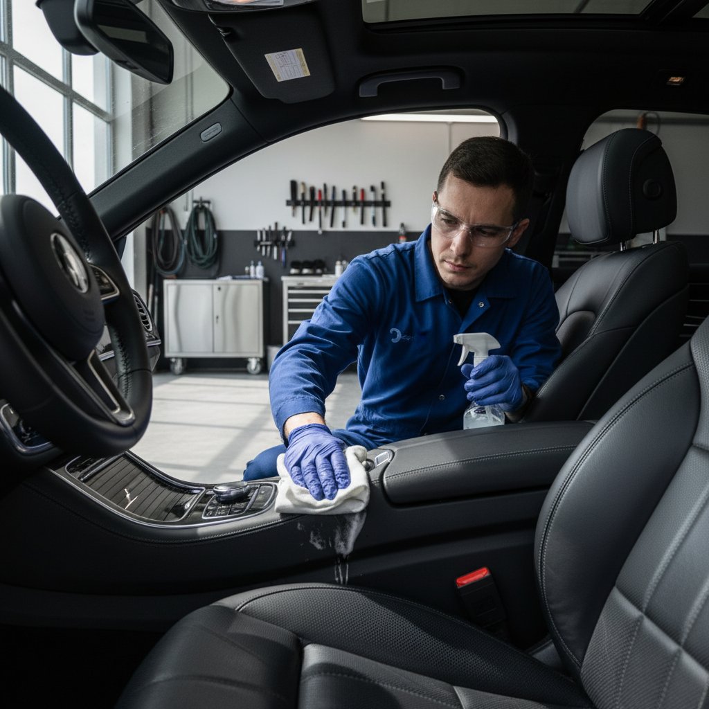 Professional car interior cleaning service showing detailed work on vehicle upholstery and dashboard in London facility